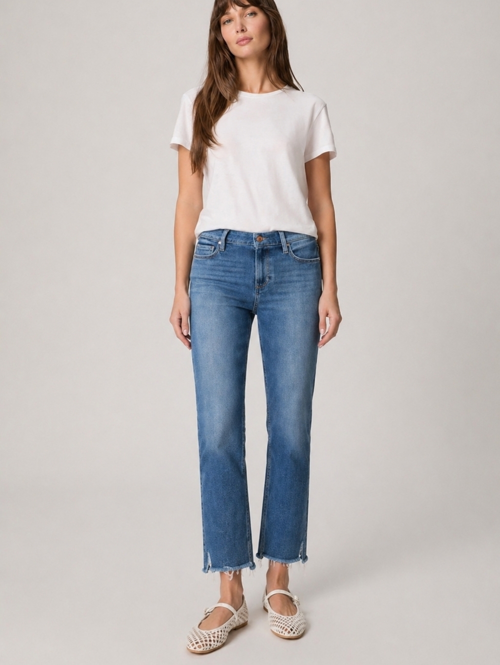 PAIGE Cindy High Rise Straight Jeans 29 Mel Destroyed Hem Raw Hem Ankle